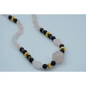 Vintage Rose Quartz Chip Necklace w/ Carved Quartz Beads Black Gold Spacers